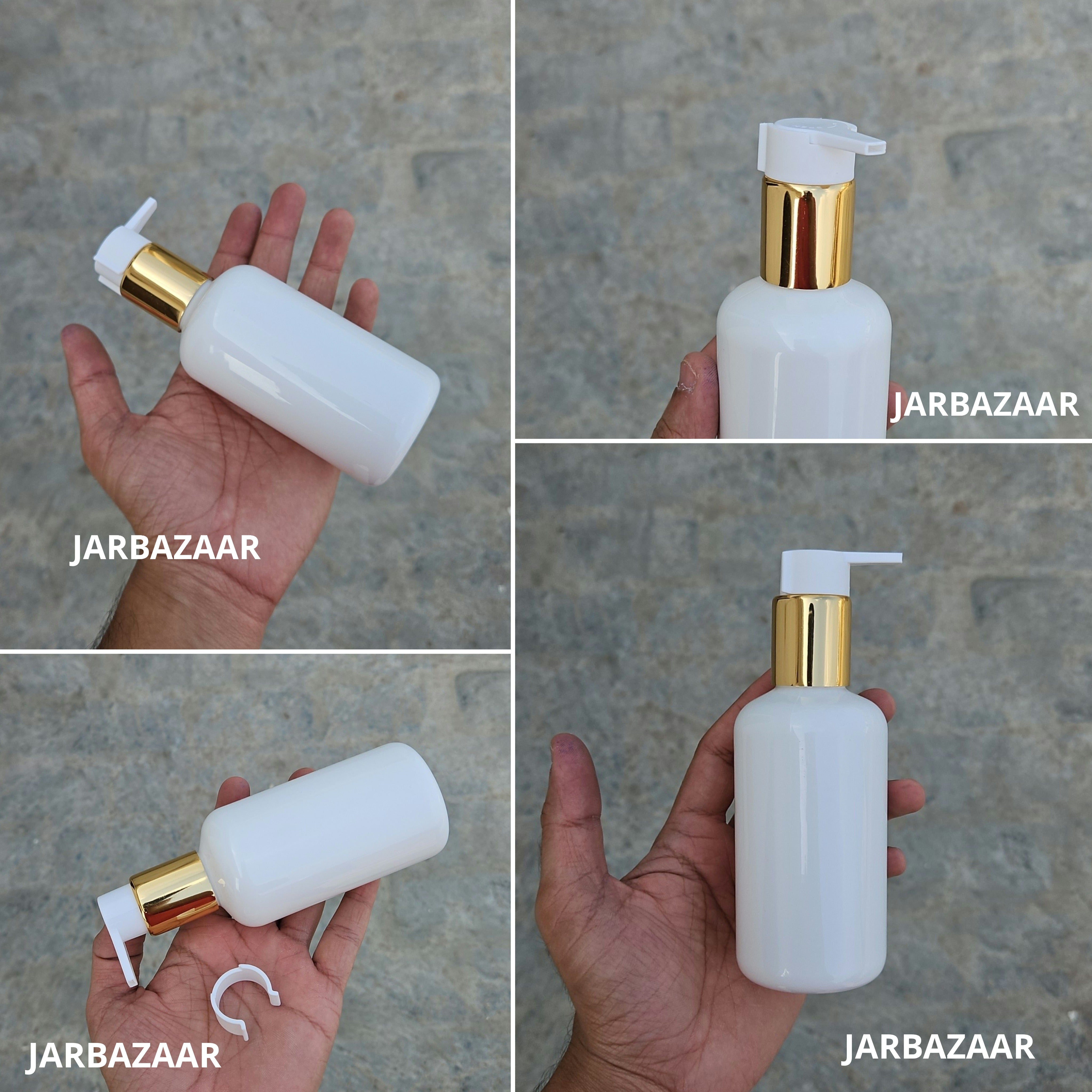 200 Ml Boston White Pet Bottles [ With Fancy Clip Lock Dispenser Pumps ] - Golden White