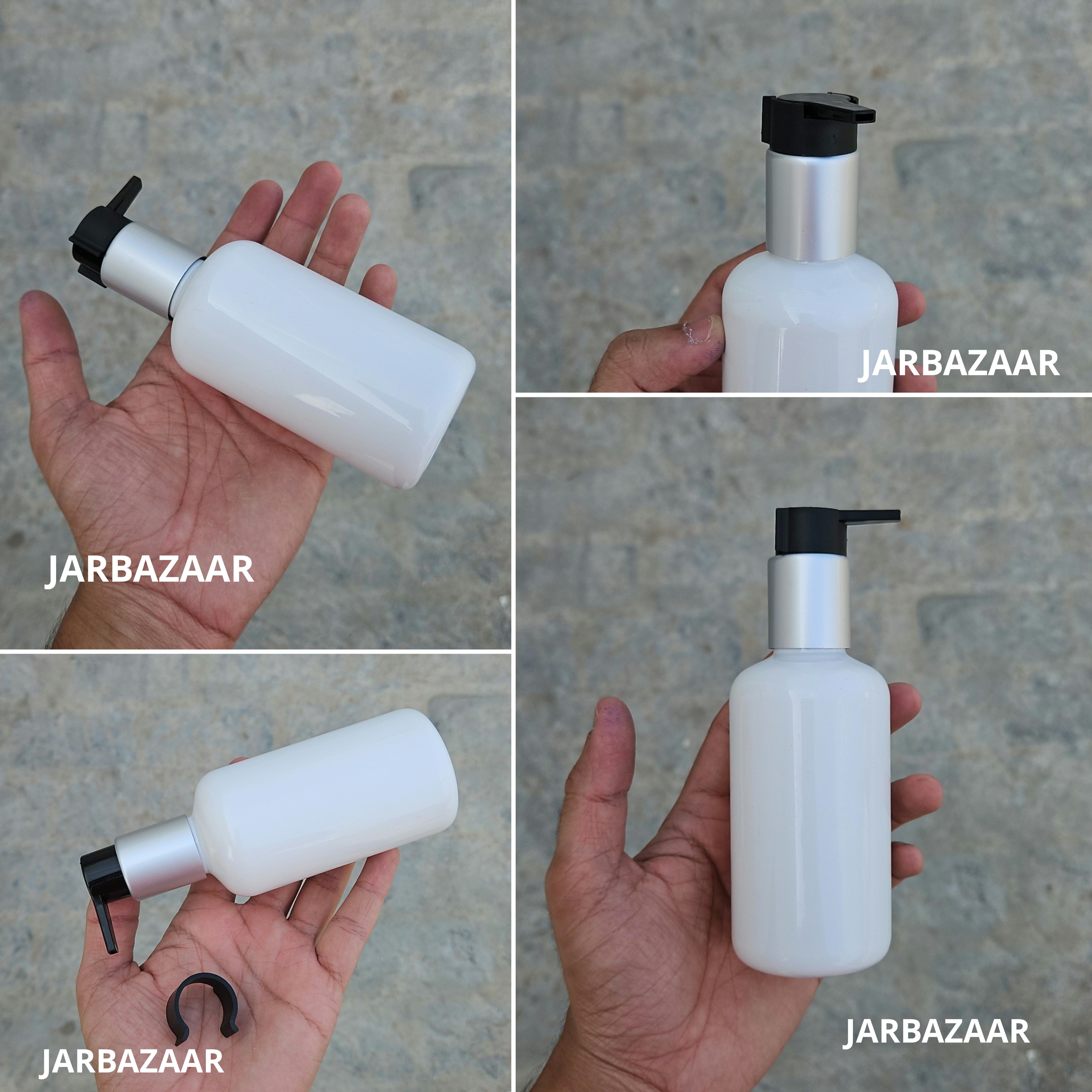 200 Ml Boston White Pet Bottles [ With Fancy Clip Lock Dispenser Pumps ] - Silver Matt Black