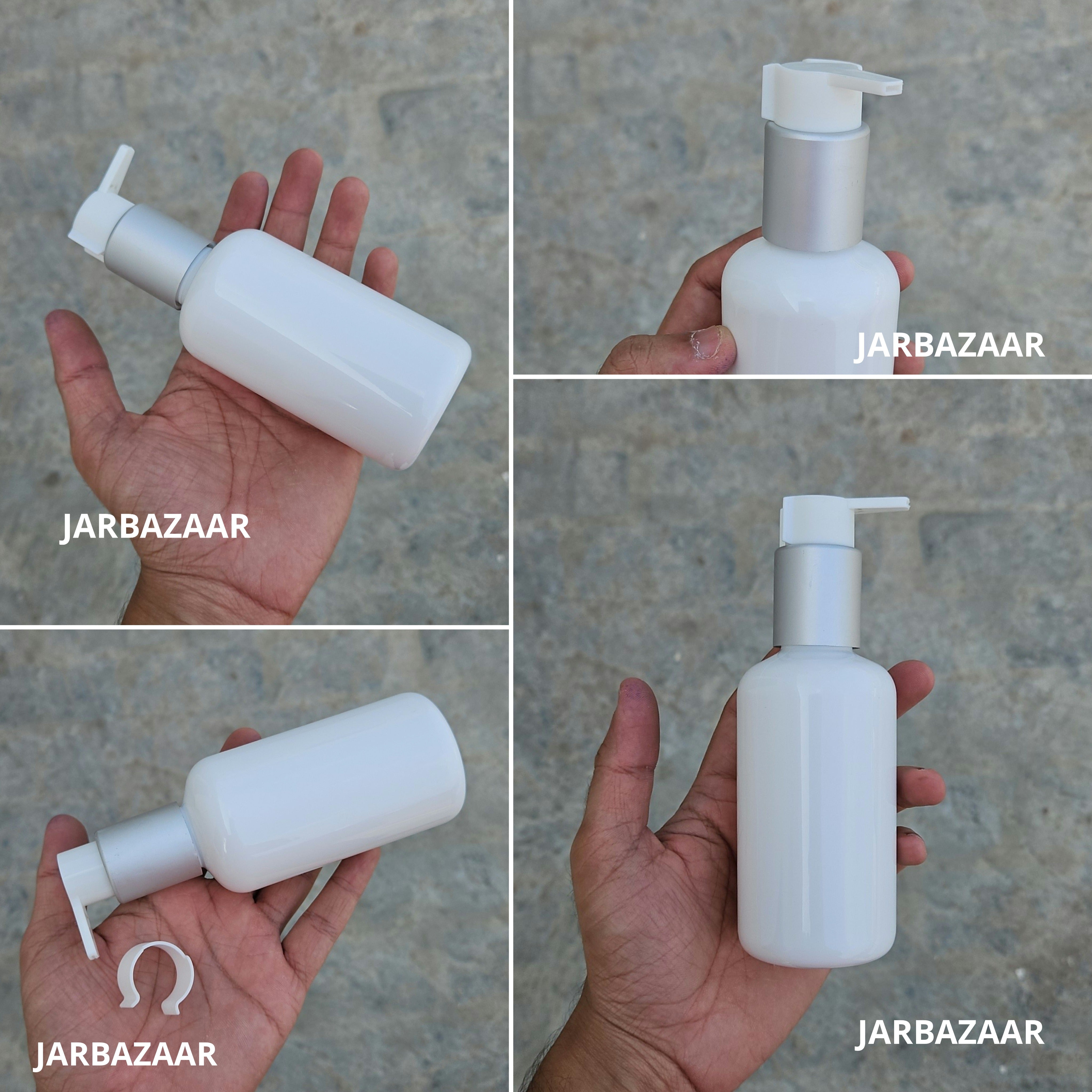200 Ml Boston White Pet Bottles [ With Fancy Clip Lock Dispenser Pumps ] - Silver Matt White