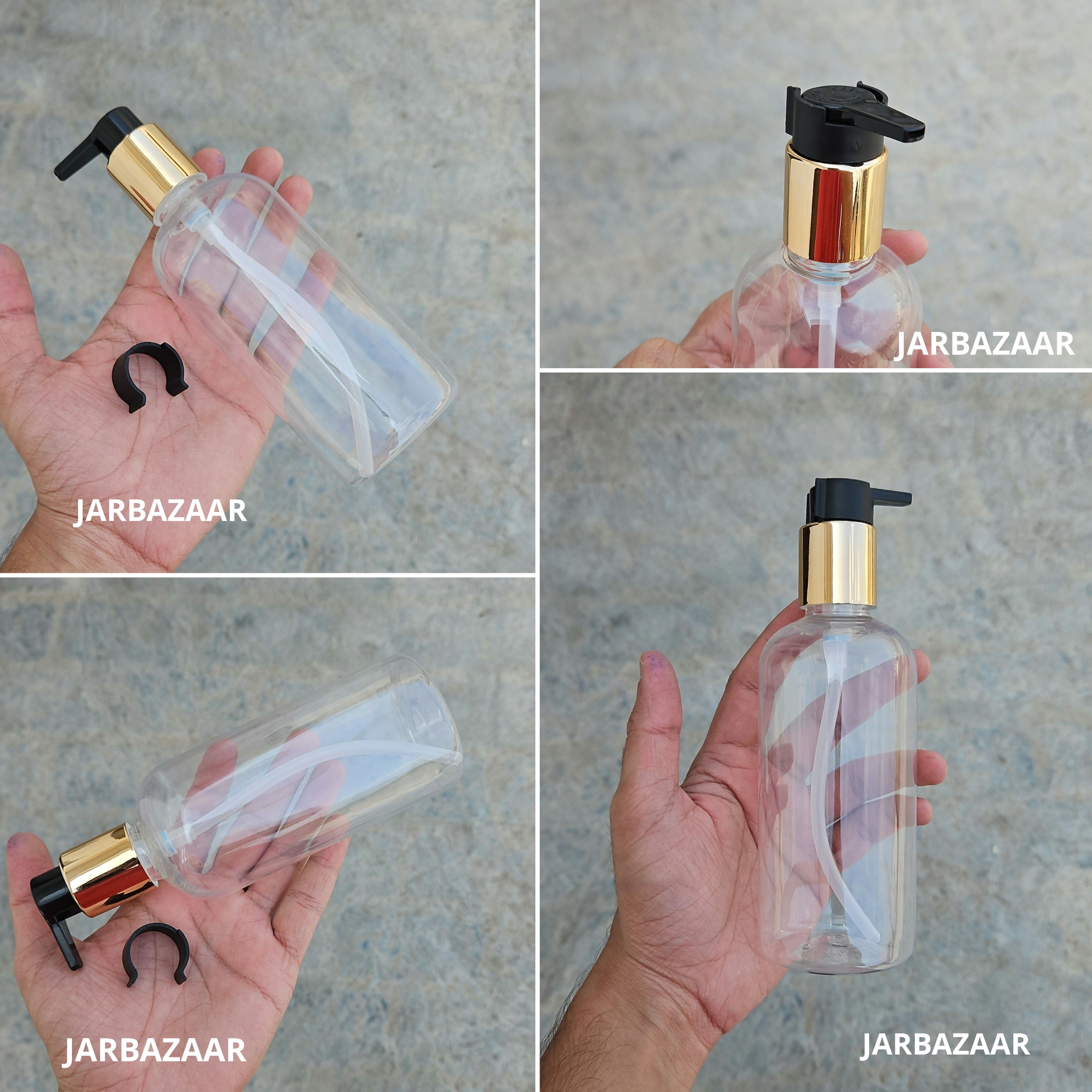 300 Ml Boston Transparent Pet Bottles [ With Fancy Clip Lock Dispenser Pumps ] - Golden Black