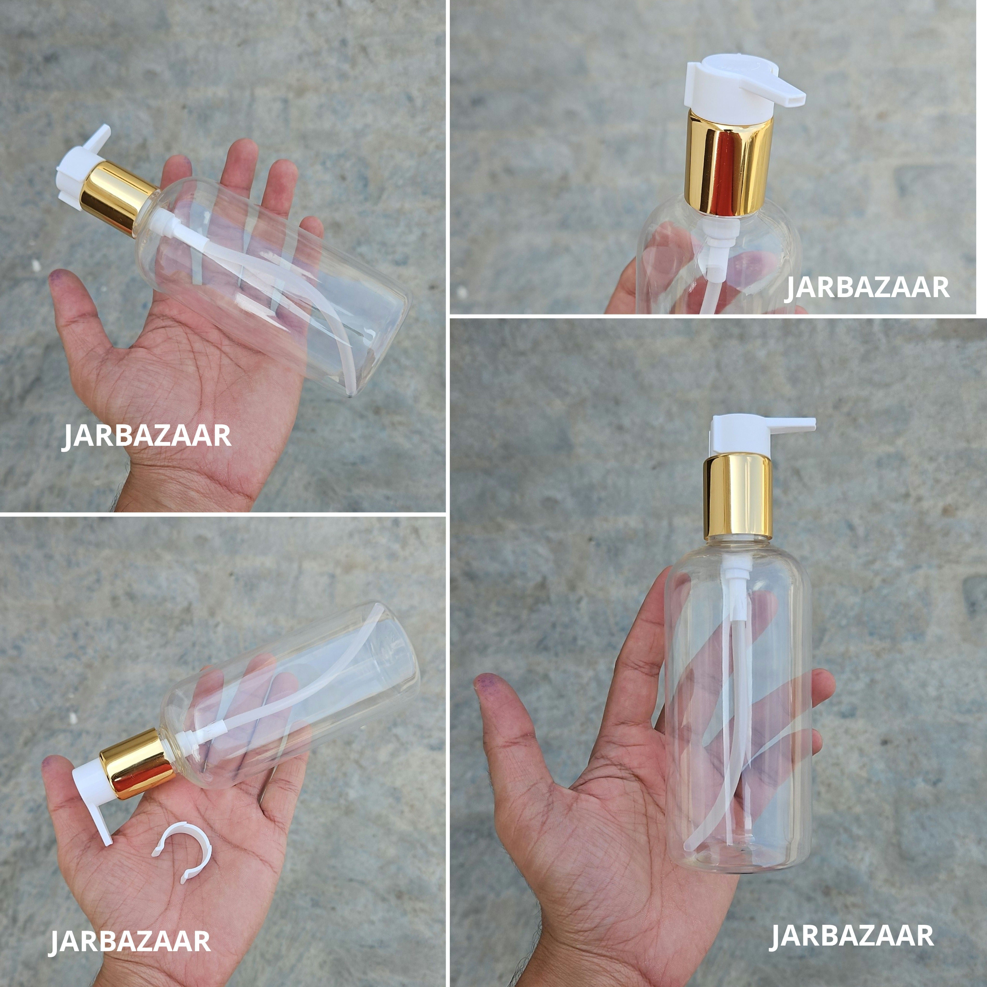 300 Ml Boston Transparent Pet Bottles [ With Fancy Clip Lock Dispenser Pumps ] - Golden White