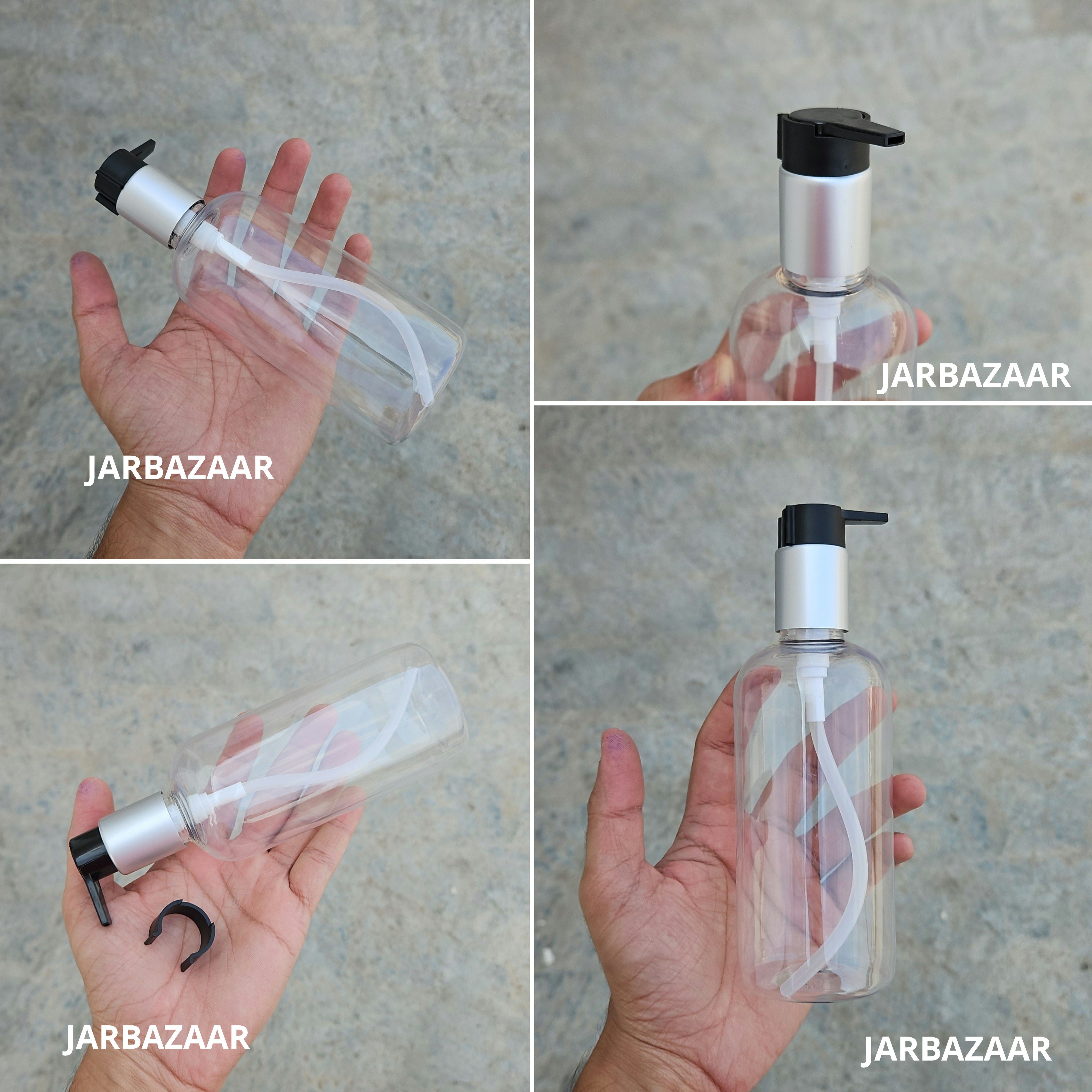 300 Ml Boston Transparent Pet Bottles [ With Fancy Clip Lock Dispenser Pumps ] - Silver Matt Black