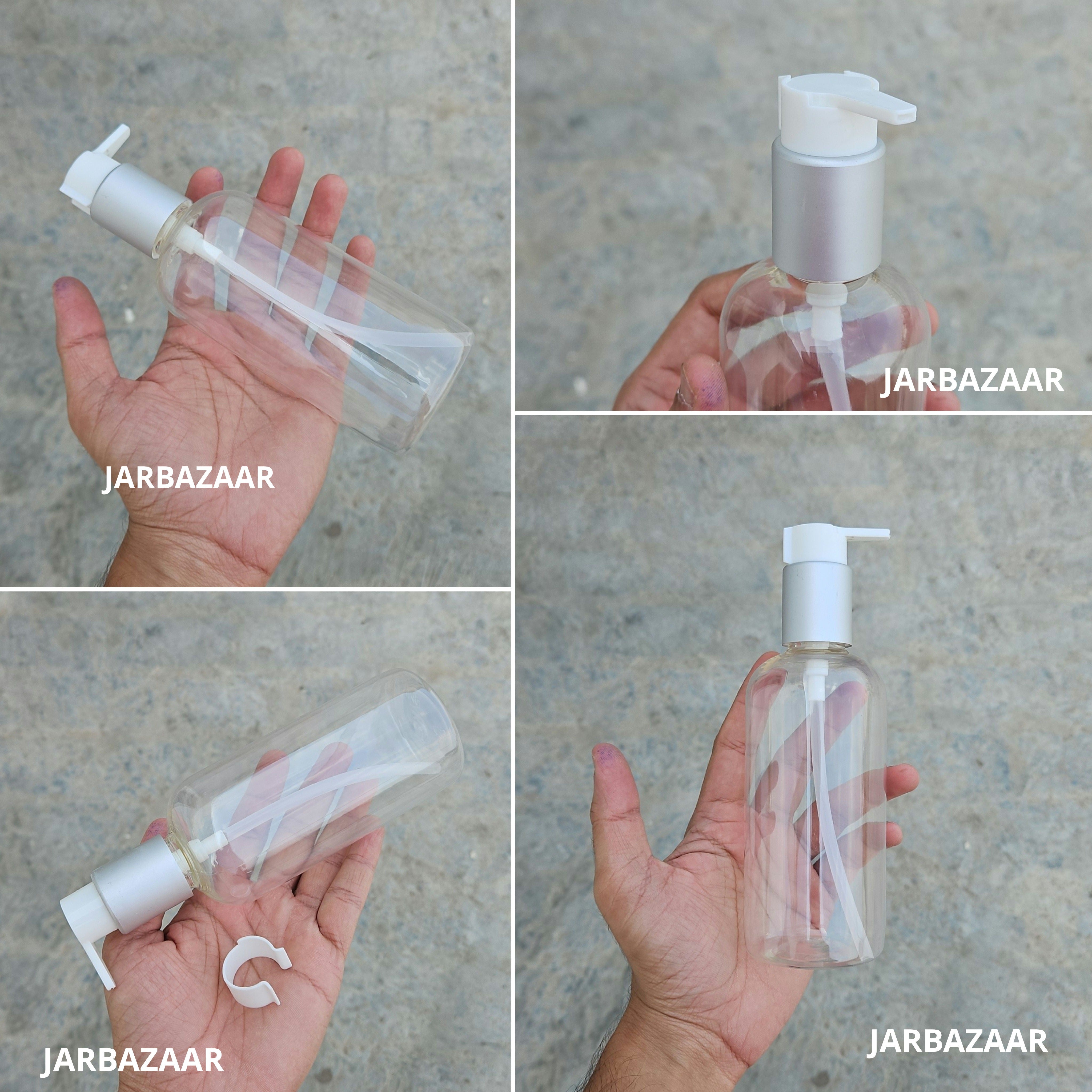 300 Ml Boston Transparent Pet Bottles [ With Fancy Clip Lock Dispenser Pumps ] - Silver Matt White