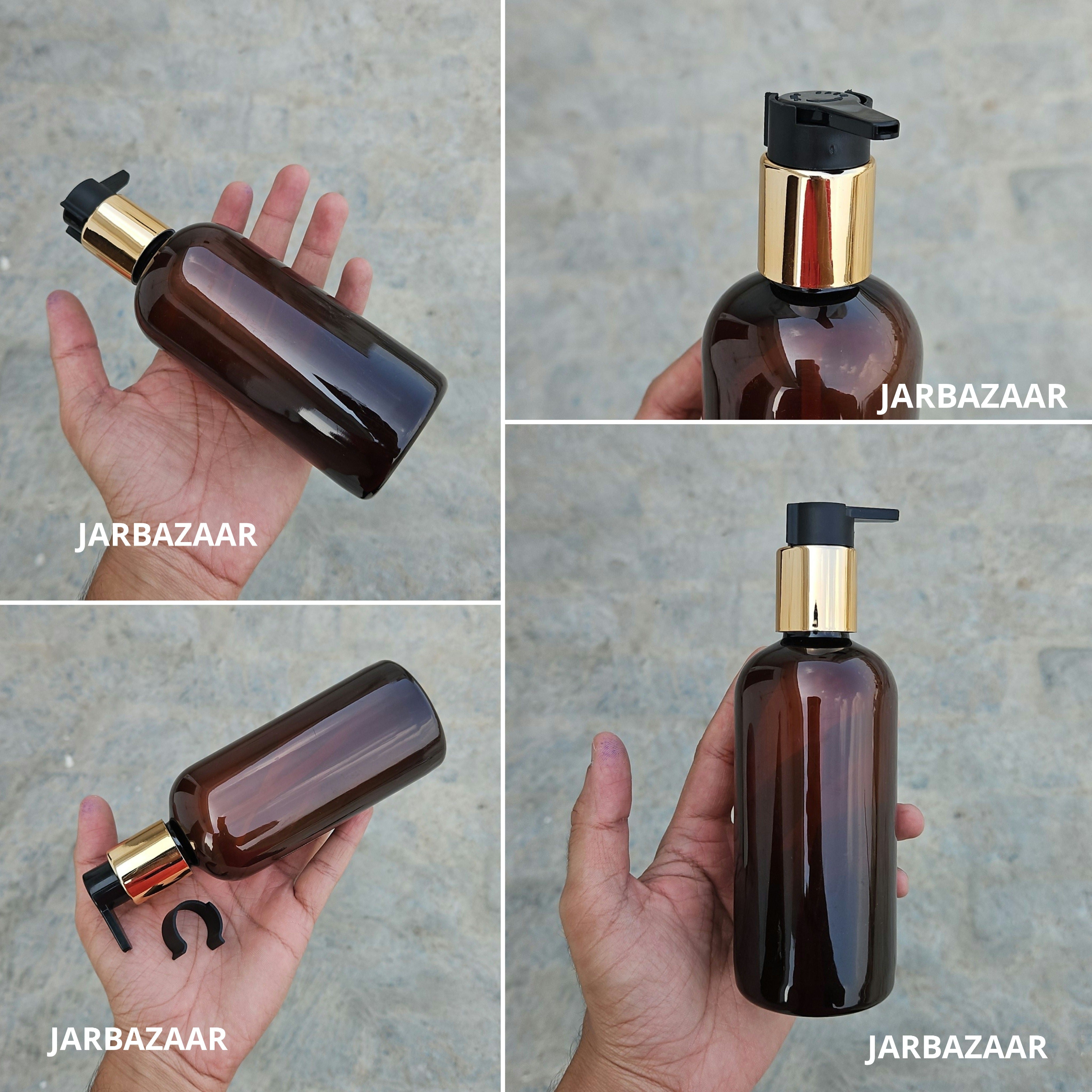 300 Ml Boston Amber Pet Bottles [ With Fancy Clip Lock Dispenser Pumps ] - Golden Black