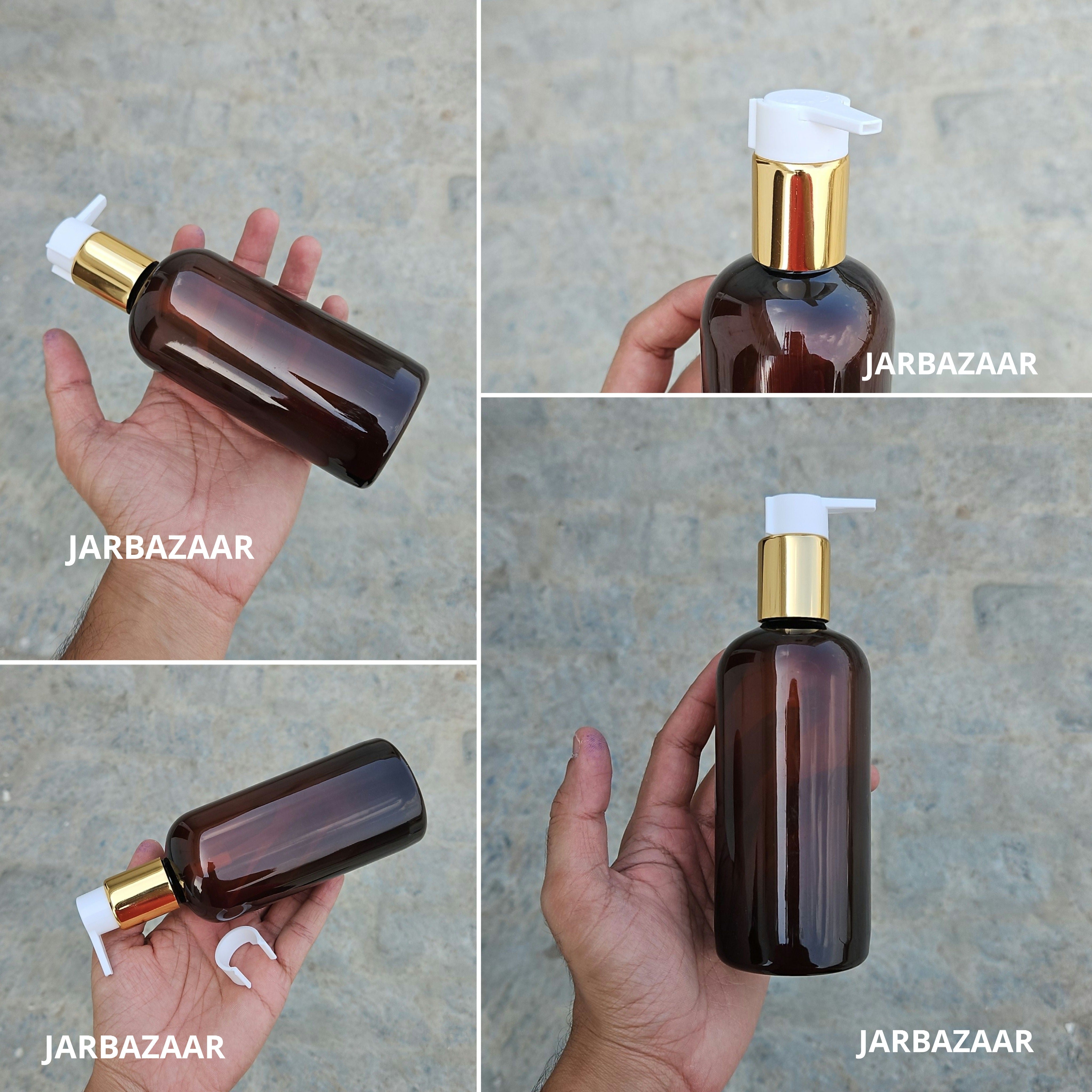 300 Ml Boston Amber Pet Bottles [ With Fancy Clip Lock Dispenser Pumps ] - Golden White