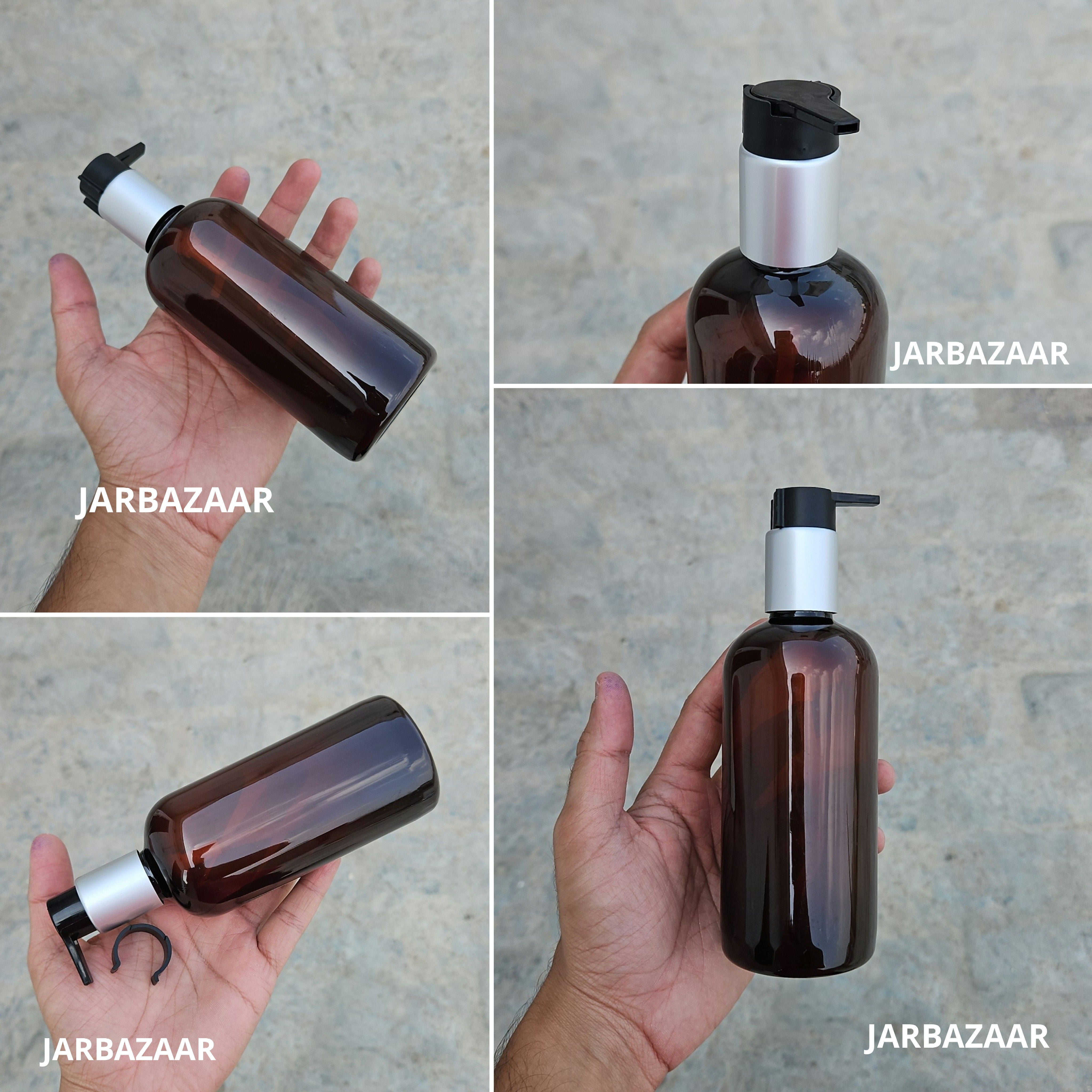 300 Ml Boston Amber Pet Bottles [ With Fancy Clip Lock Dispenser Pumps ] - Silver Matt Black