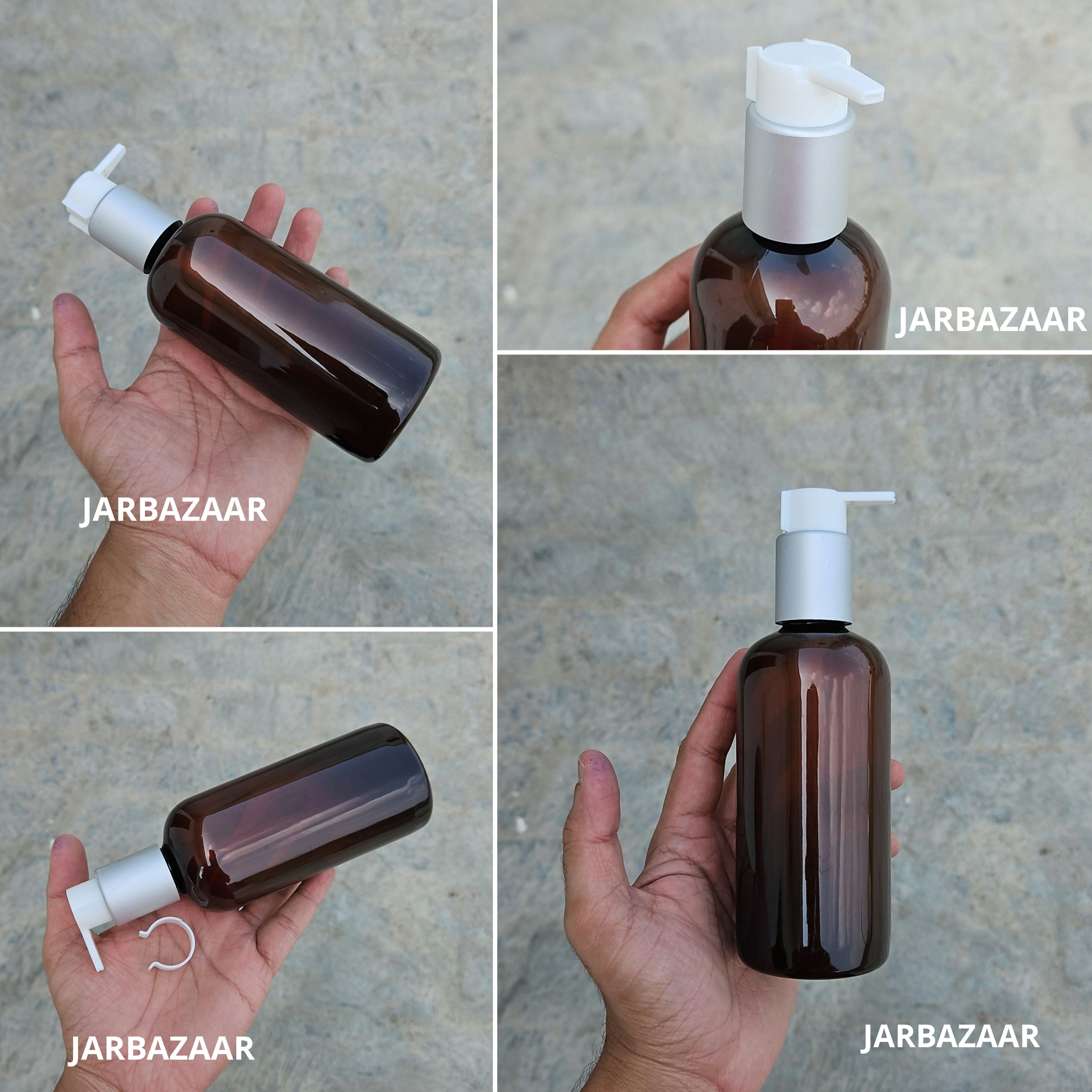 300 Ml Boston Amber Pet Bottles [ With Fancy Clip Lock Dispenser Pumps ] - Silver Matt White