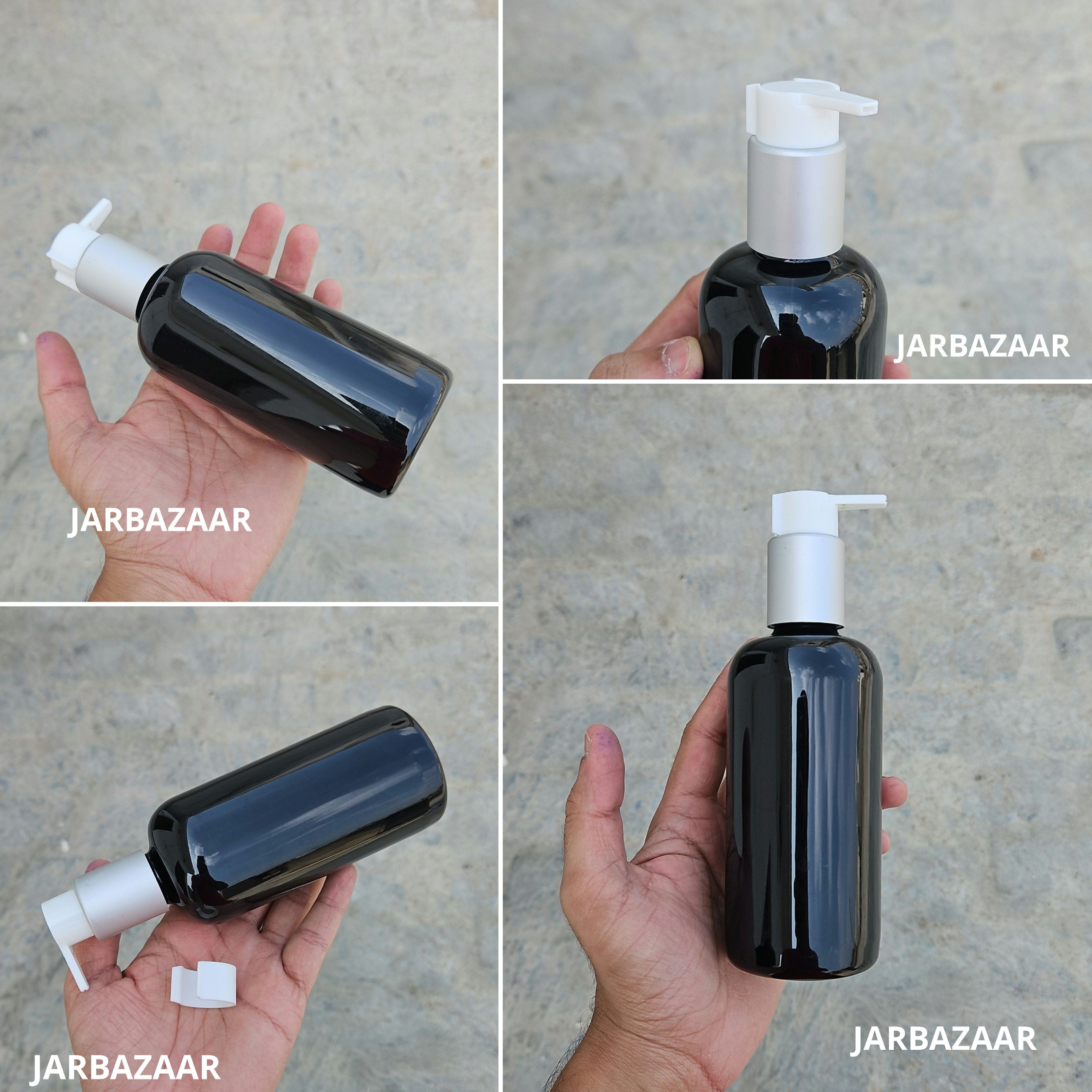 300 Ml Boston Black Pet Bottles [ With Fancy Clip Lock Dispenser Pumps ] - Silver Matt White