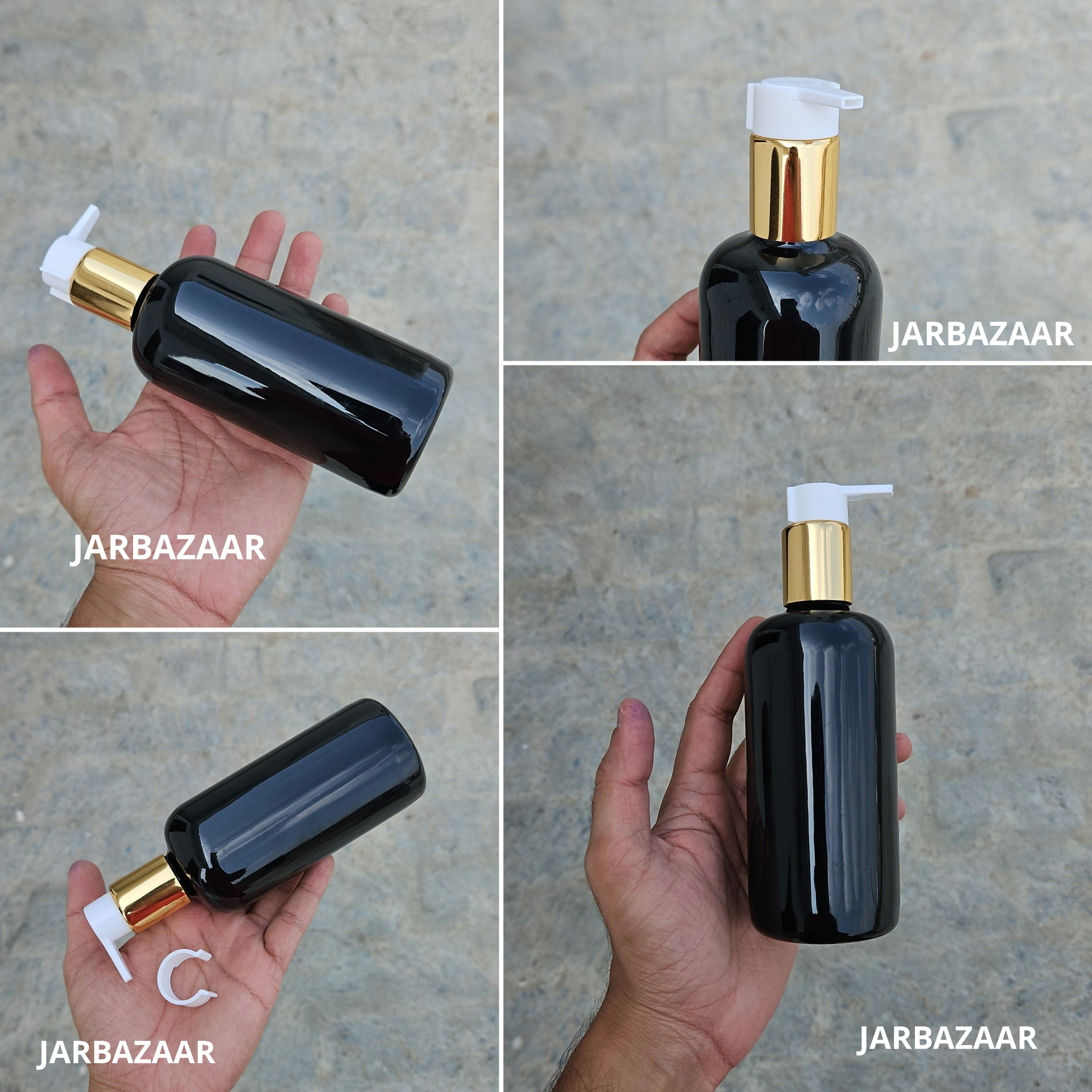 300 Ml Boston Black Pet Bottles [ With Fancy Clip Lock Dispenser Pumps ] - Golden White