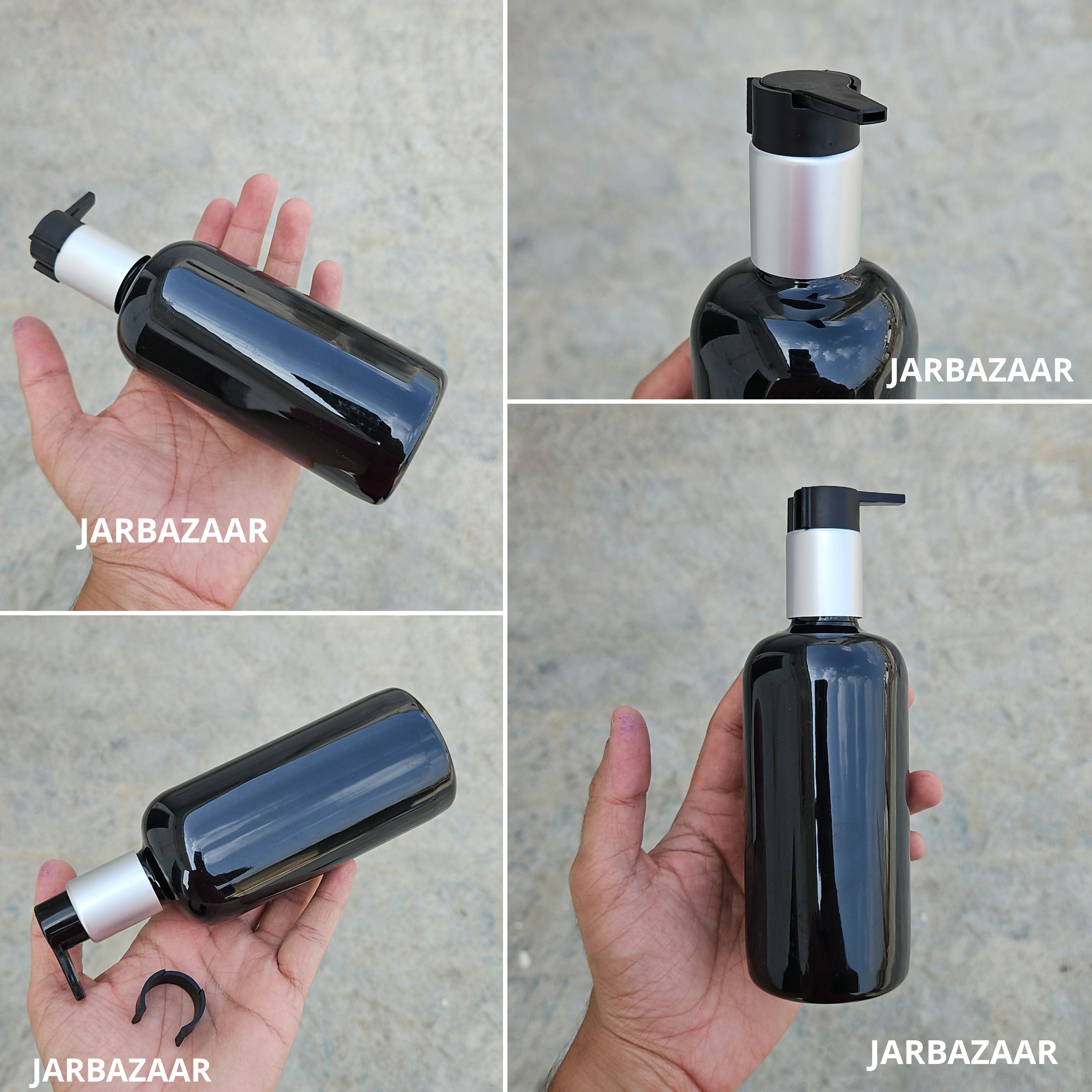 300 Ml Boston Black Pet Bottles [ With Fancy Clip Lock Dispenser Pumps ] - Silver Matt Black