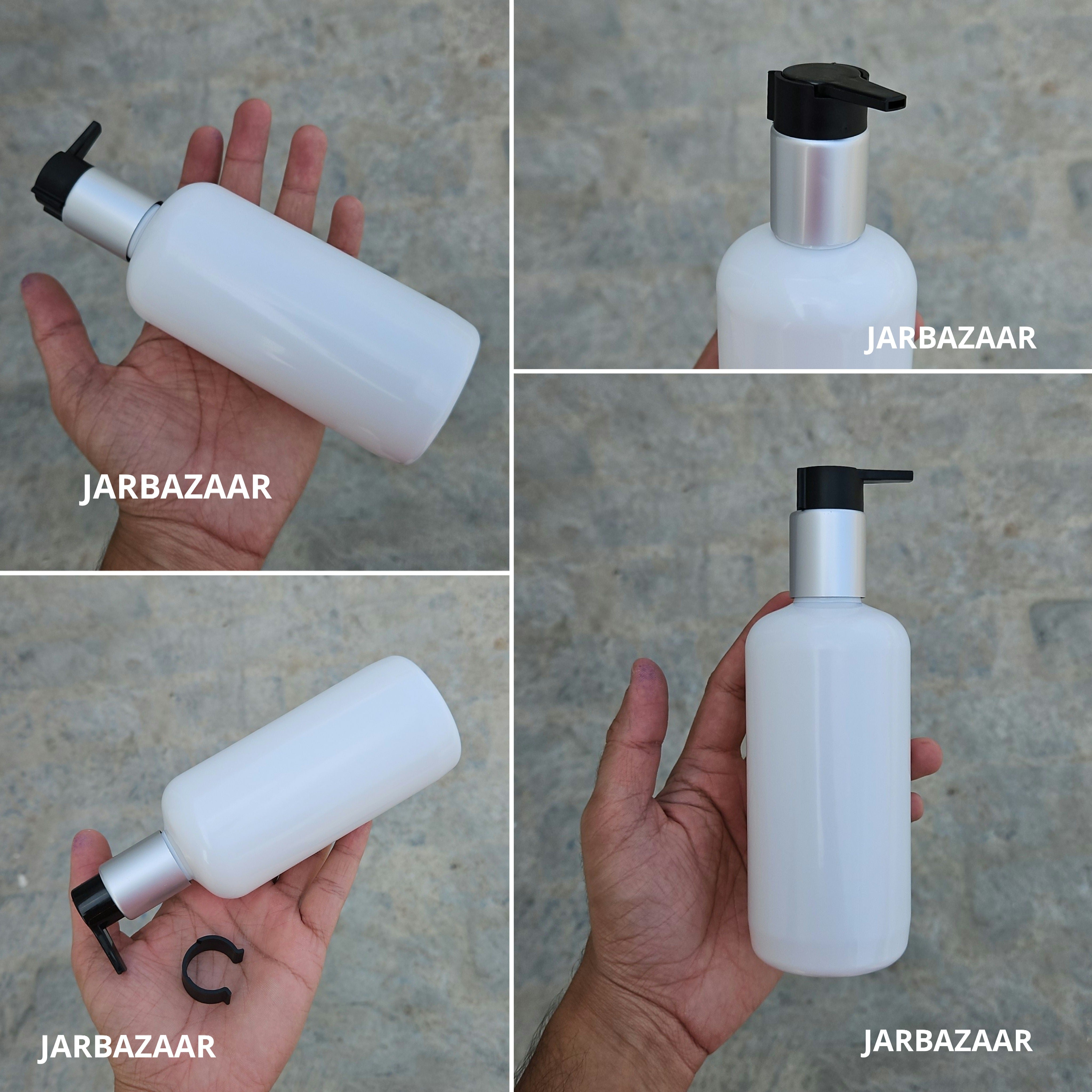 300 Ml Boston White Pet Bottles [ With Fancy Clip Lock Dispenser Pumps ] - Silver Matt Black
