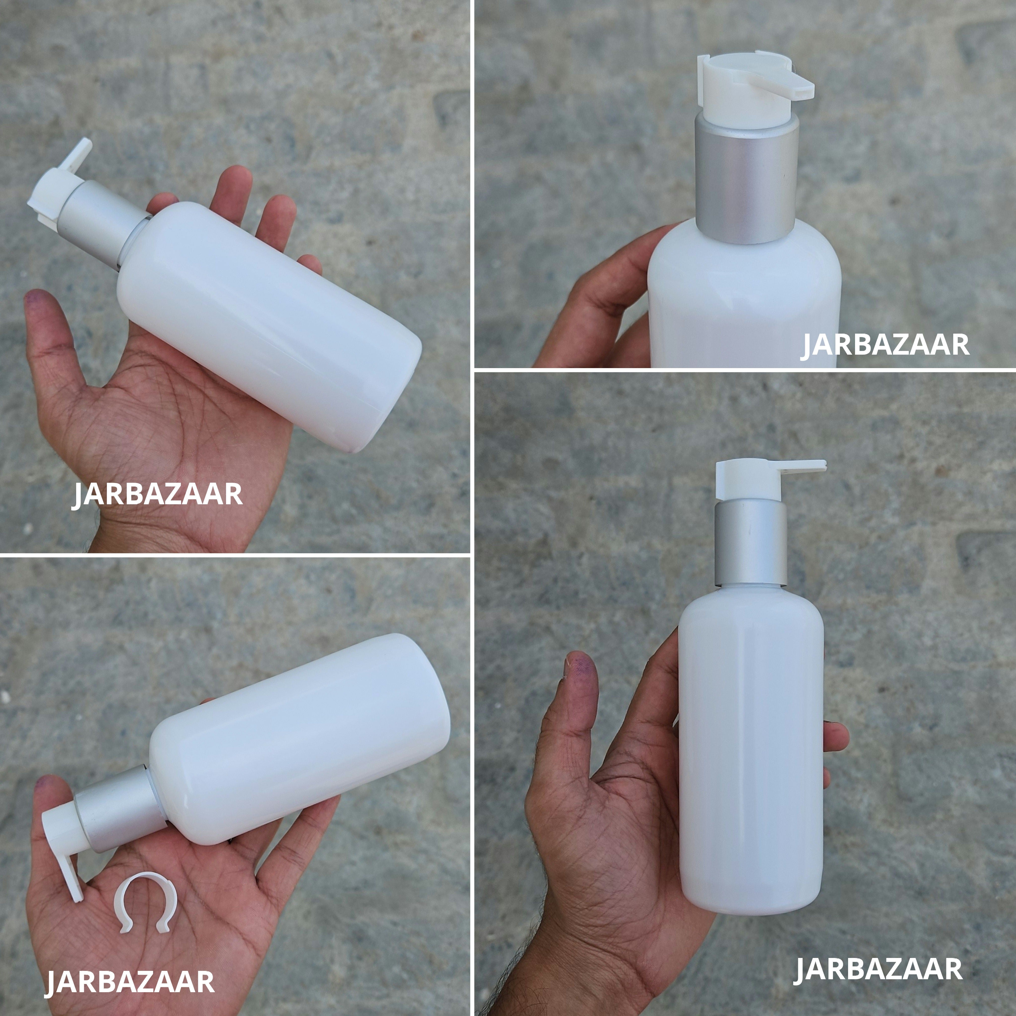 300 Ml Boston White Pet Bottles [ With Fancy Clip Lock Dispenser Pumps ] - Silver Matt White