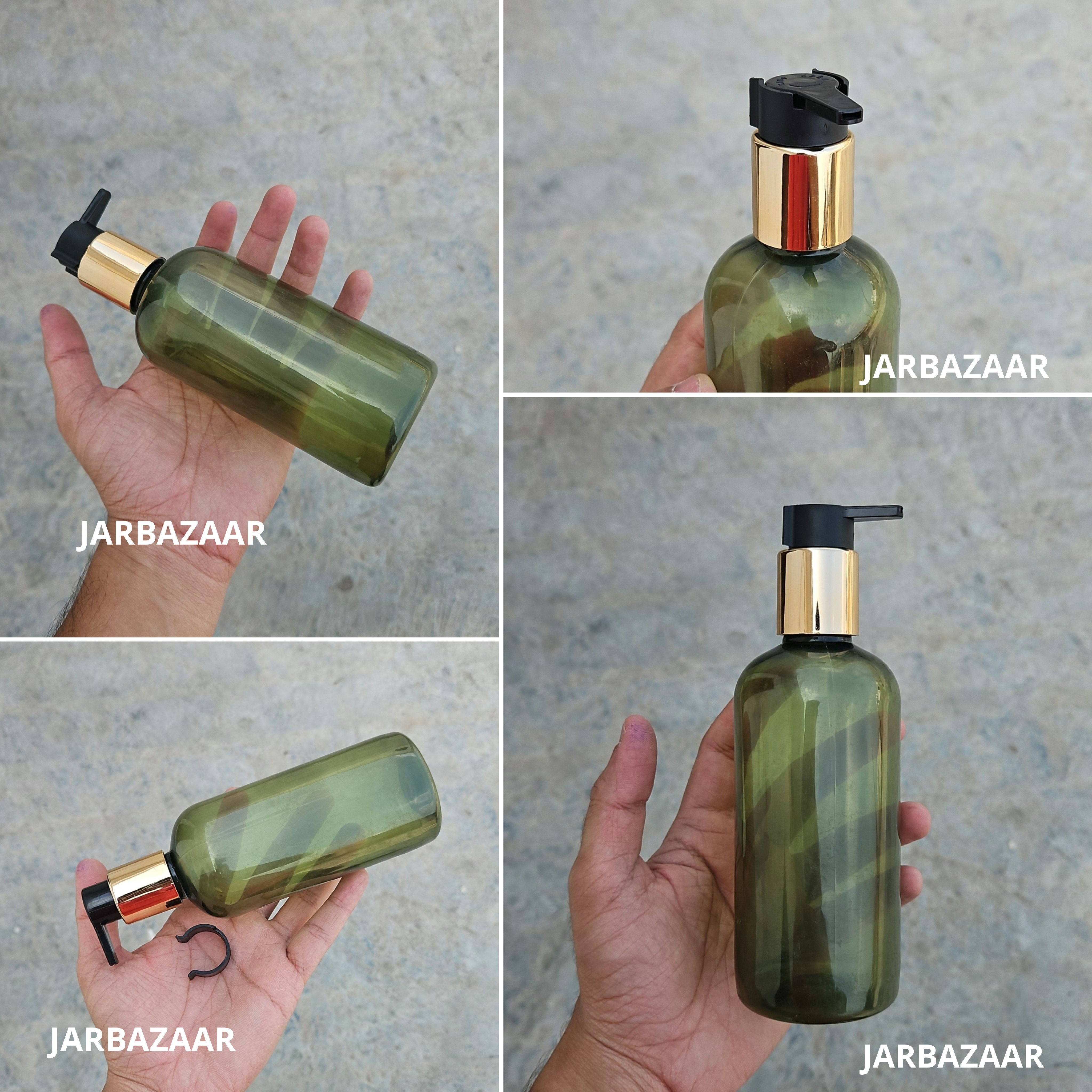 300 Ml Boston Olive Green Pet Bottles [ With Fancy Clip Lock Dispenser Pumps ] - Golden Black