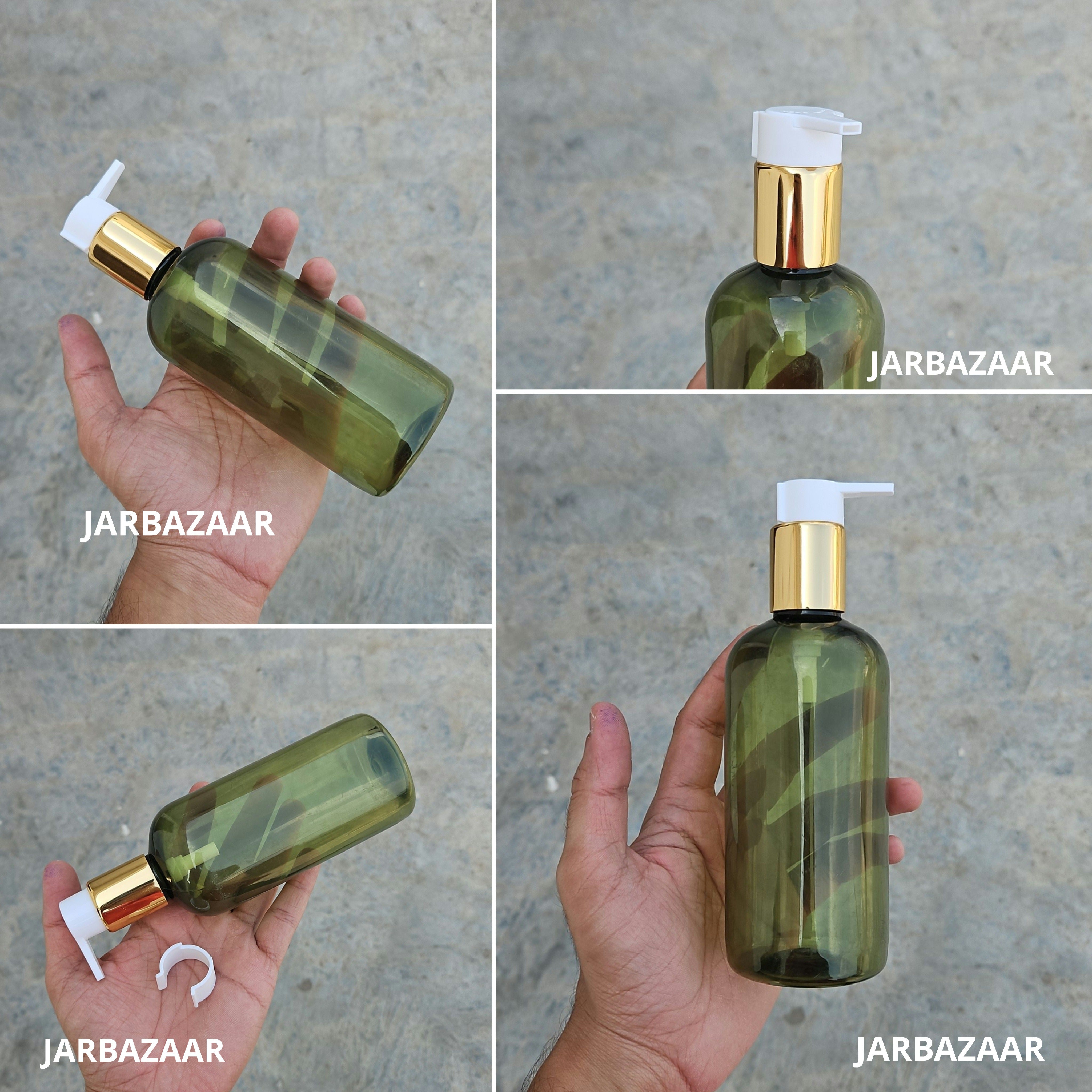 300 Ml Boston Olive Green Pet Bottles [ With Fancy Clip Lock Dispenser Pumps ] - Golden White