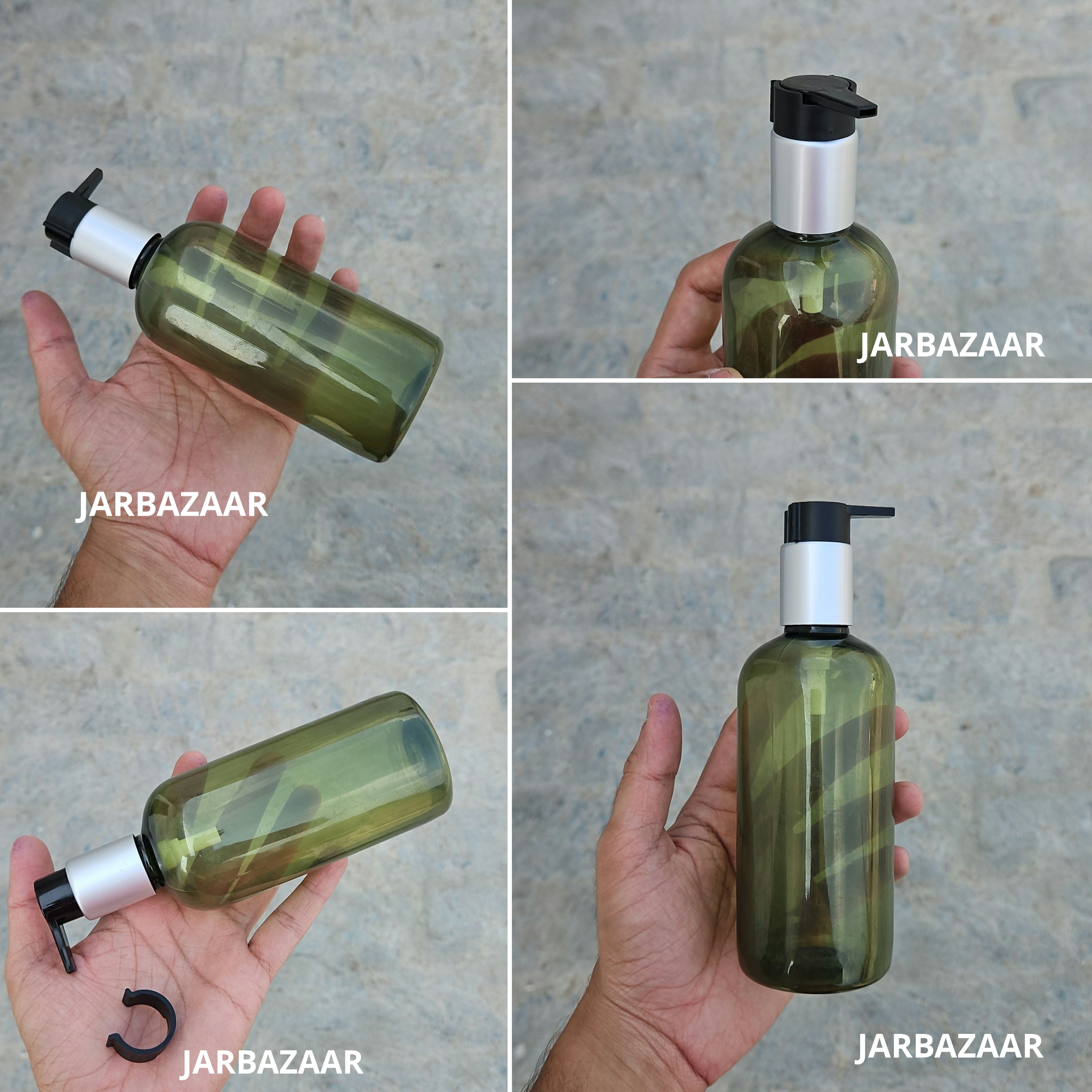300 Ml Boston Olive Green Pet Bottles [ With Fancy Clip Lock Dispenser Pumps ] - Silver Matt Black