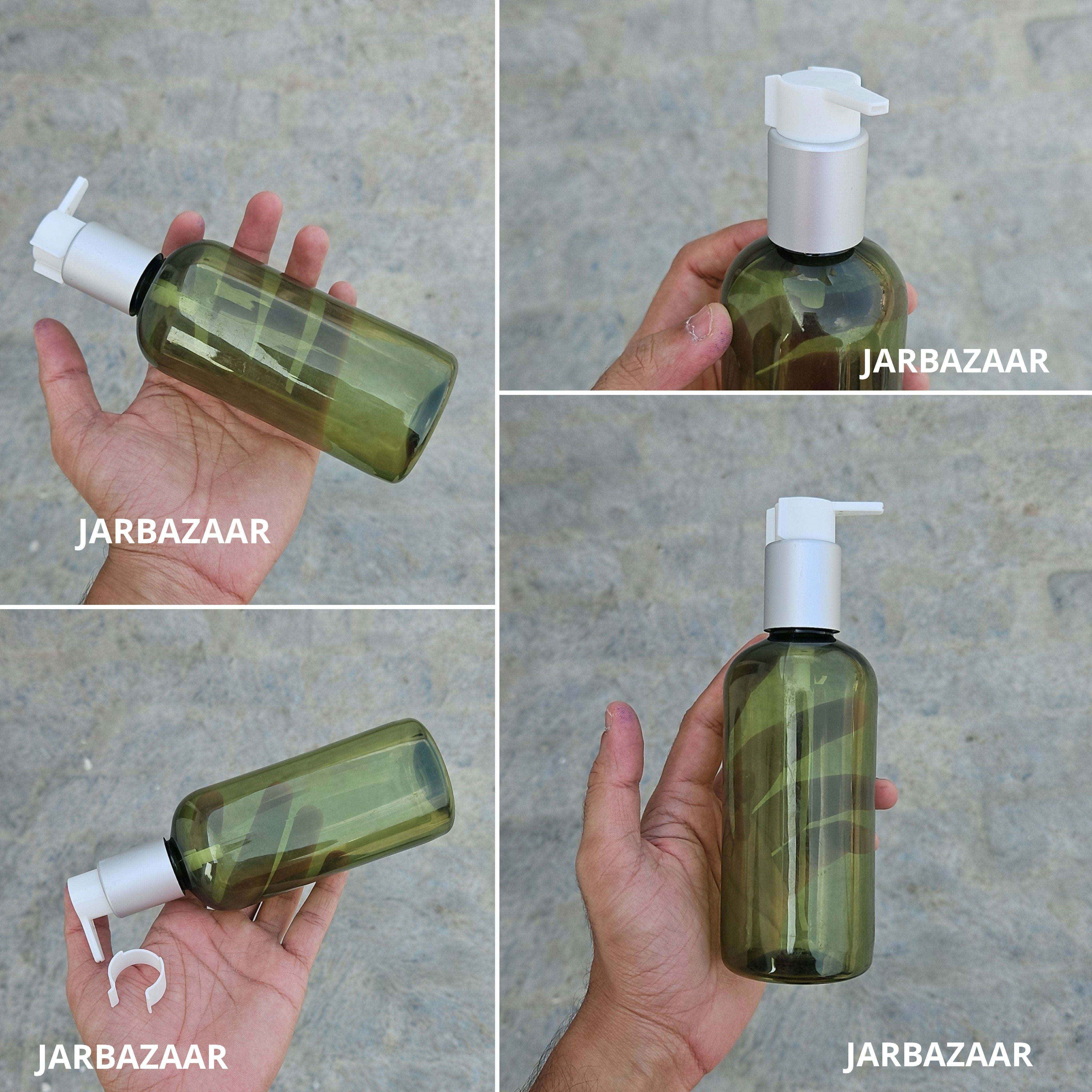 300 Ml Boston Olive Green Pet Bottles [ With Fancy Clip Lock Dispenser Pumps ] - Silver Matt White
